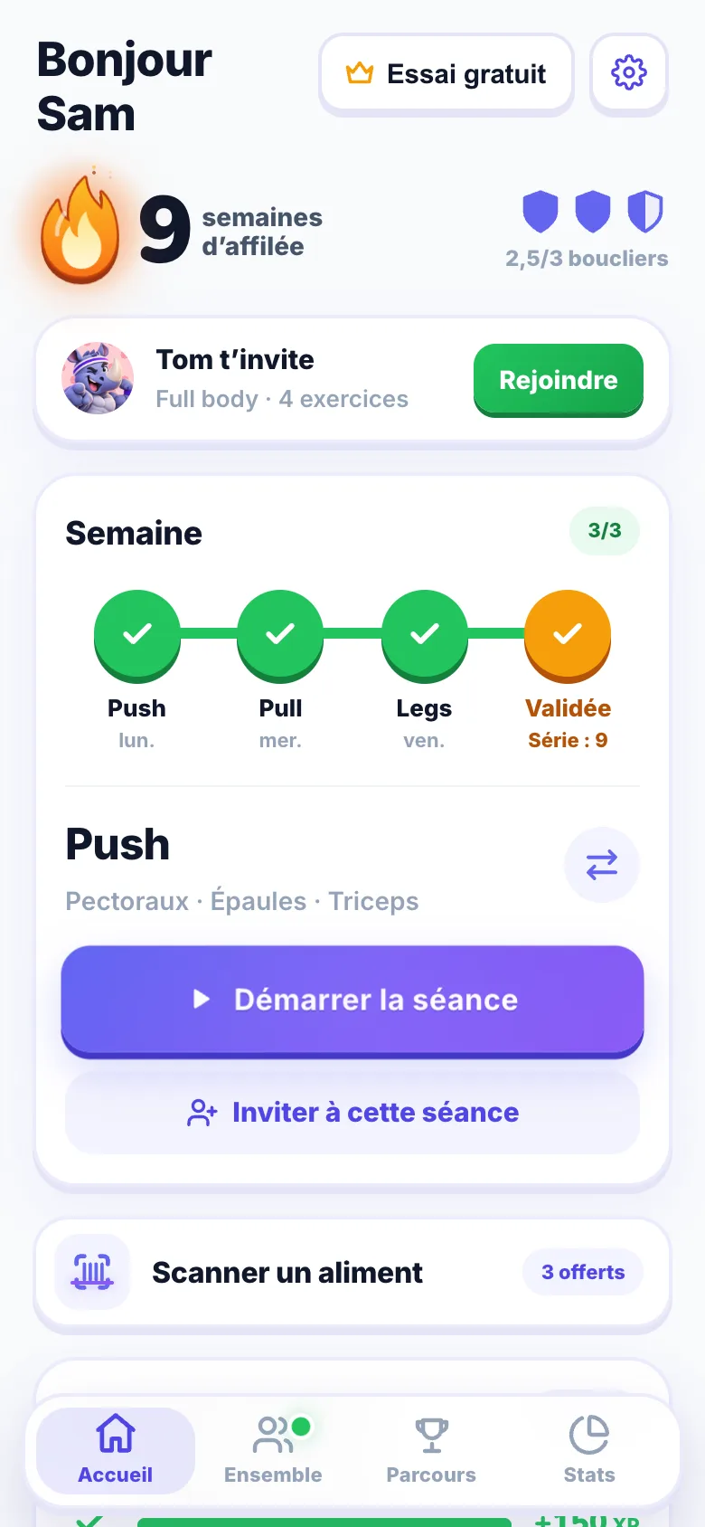 Gryno : série de semaines, séance et progression